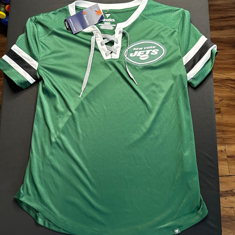 Fanatics NFL New York Jets Womens Lace Up V-Neck Shirt Green Rhinestone Small NW